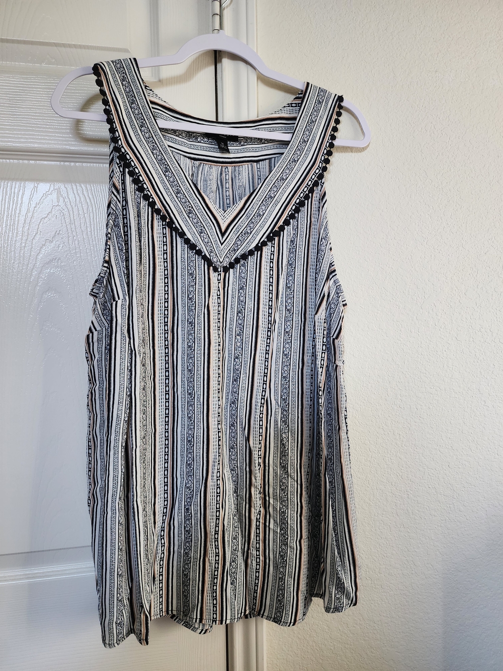 I.N. Studio Black, White & Tan Striped V-Neck Tank